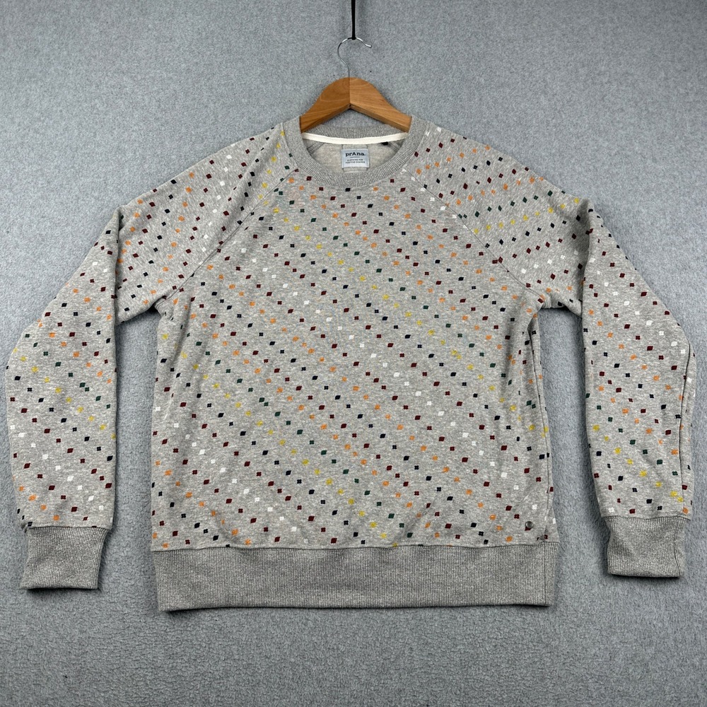 Prana Sweatshirt Womens Small Diamond Dot Gray Raglan Pleated Back Crewneck